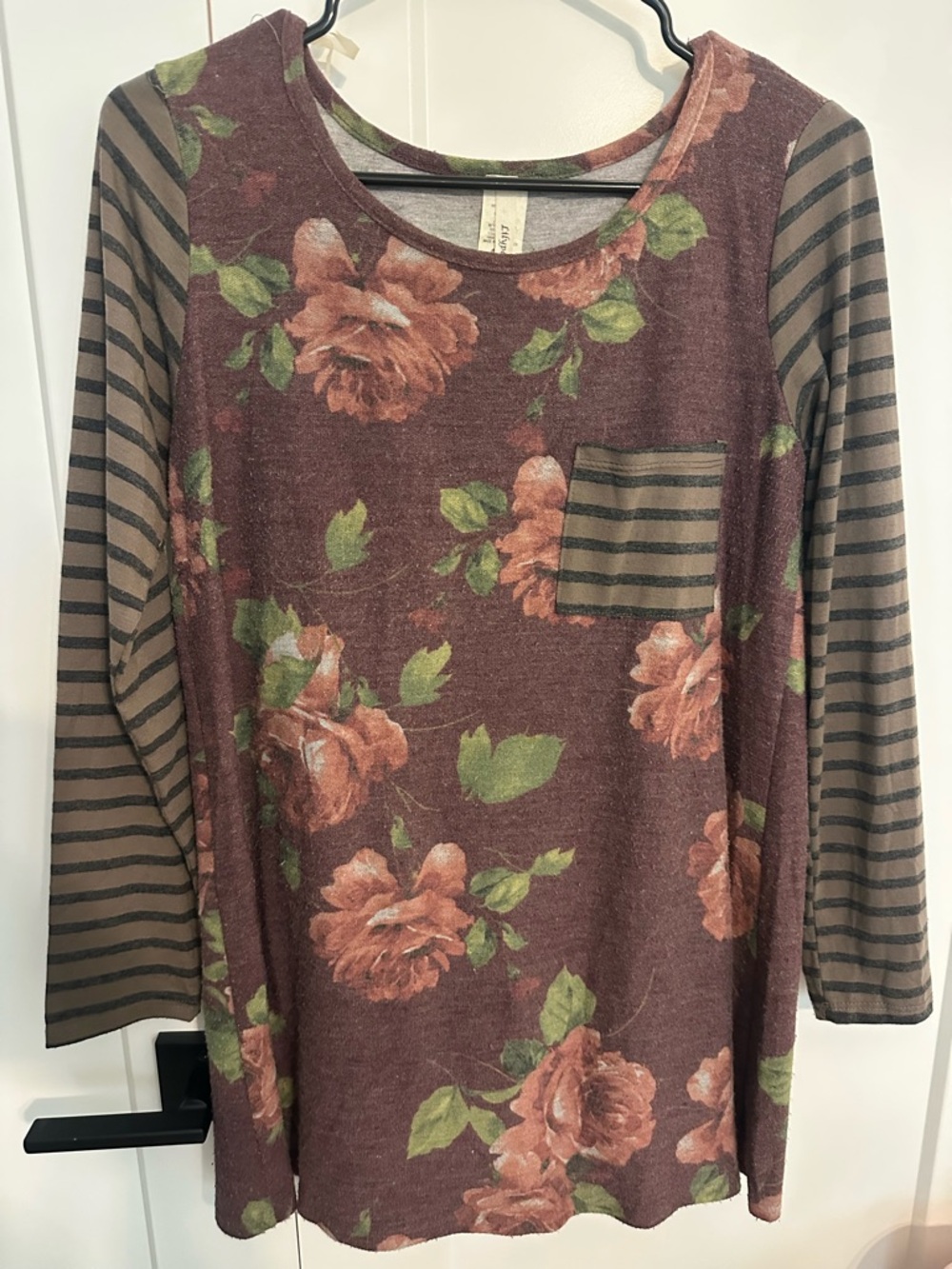 Lily Burgundy Floral Long-Sleeve Top with Striped Sleeves